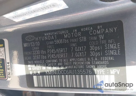 2010 Hyundai Veracruz Gls from USA, damaged, VIN KM8NUDCC6AU135576